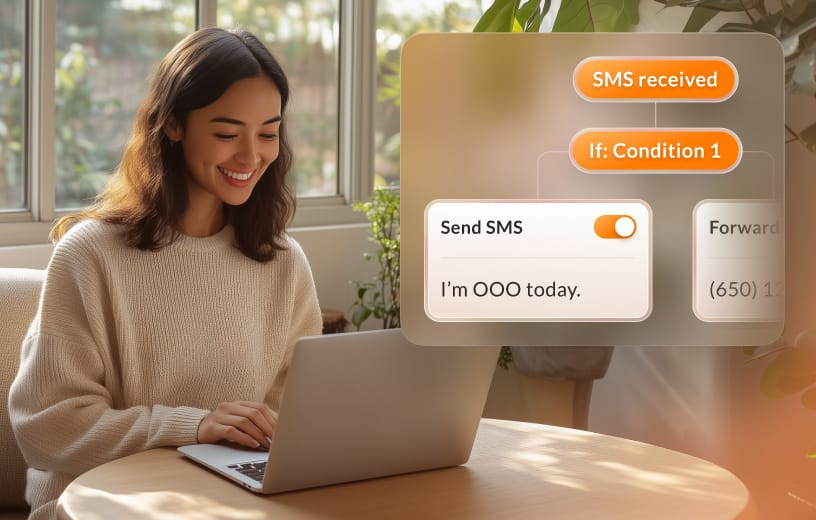 Female employee configuring an SMS out-of-office reminder through the AI Receptionist