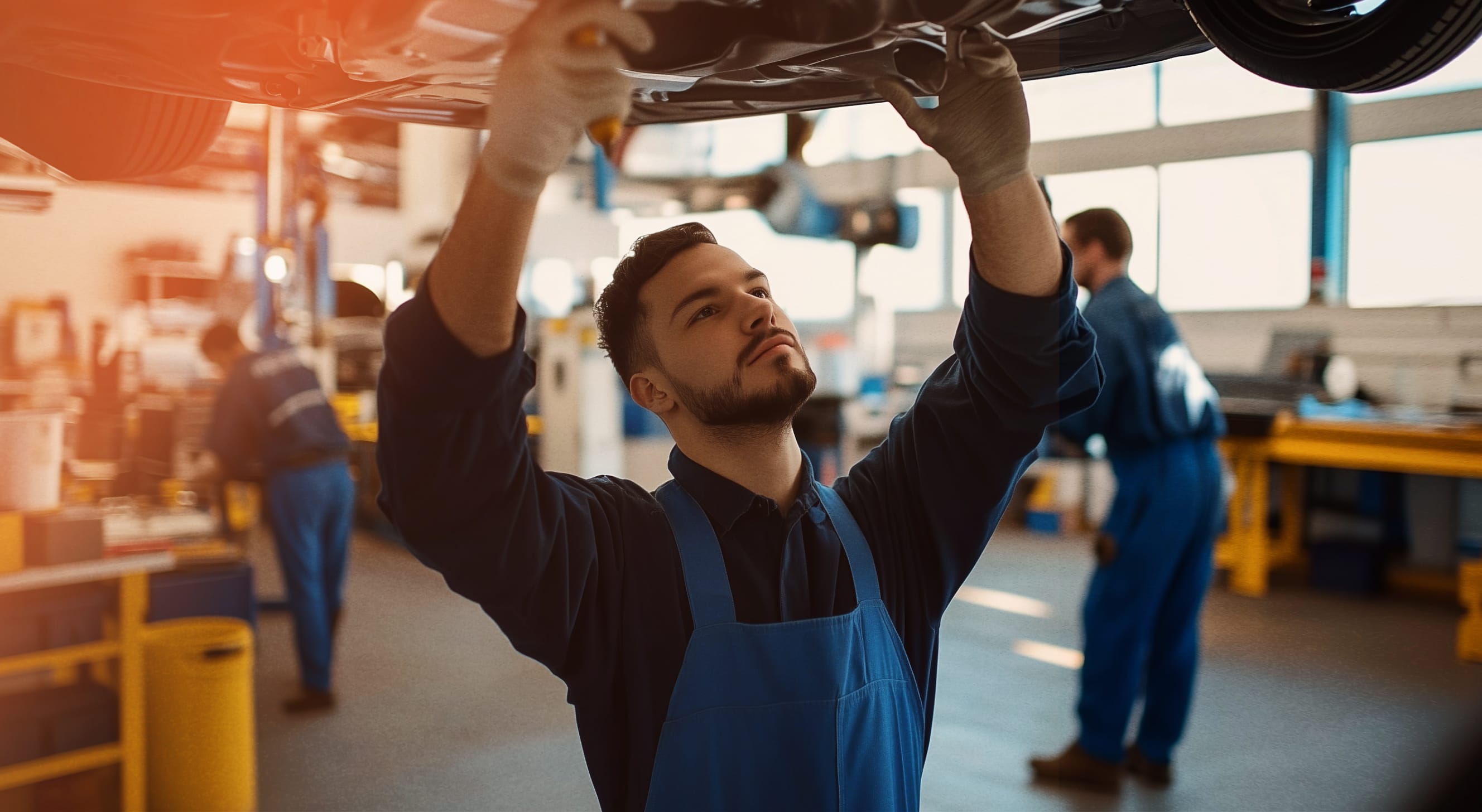 A male technician fixing a car