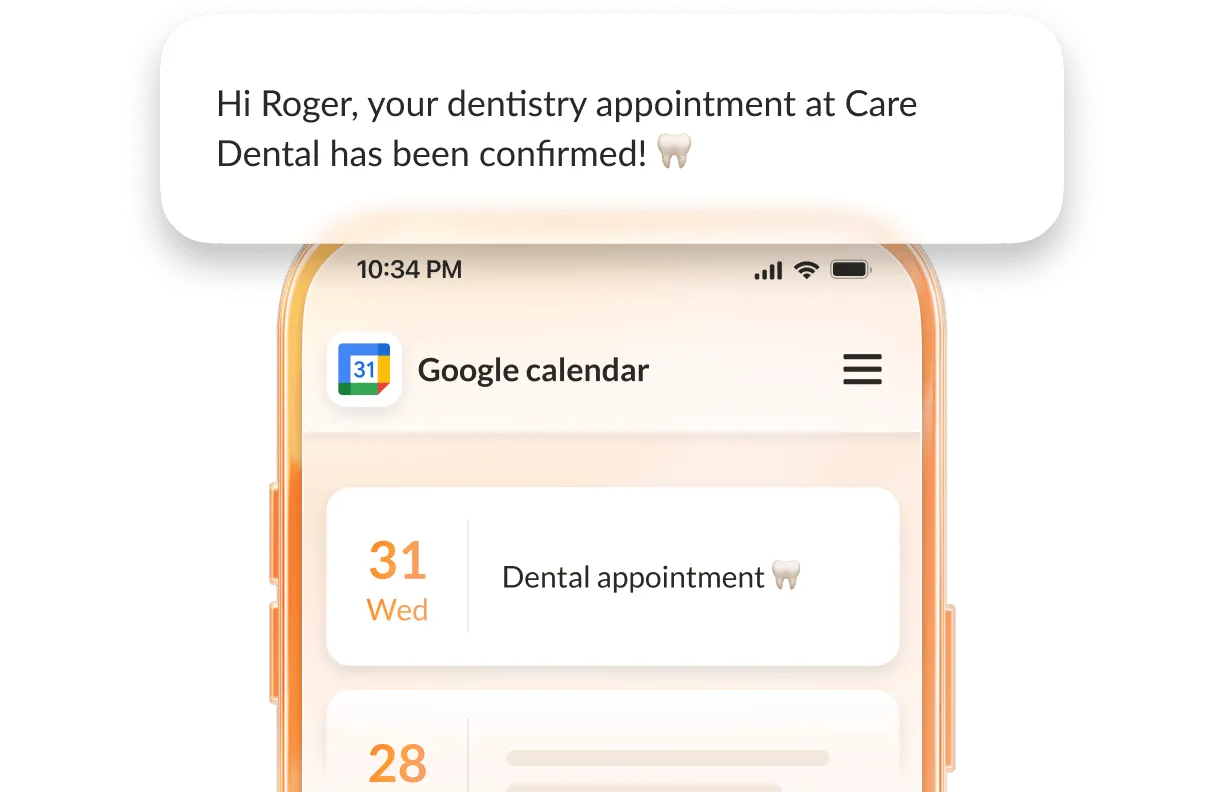 A phone displaying a notification from Care Dental confirming a dentistry appointment. Below the notification, the Google Calendar app shows a Dental appointment scheduled.
