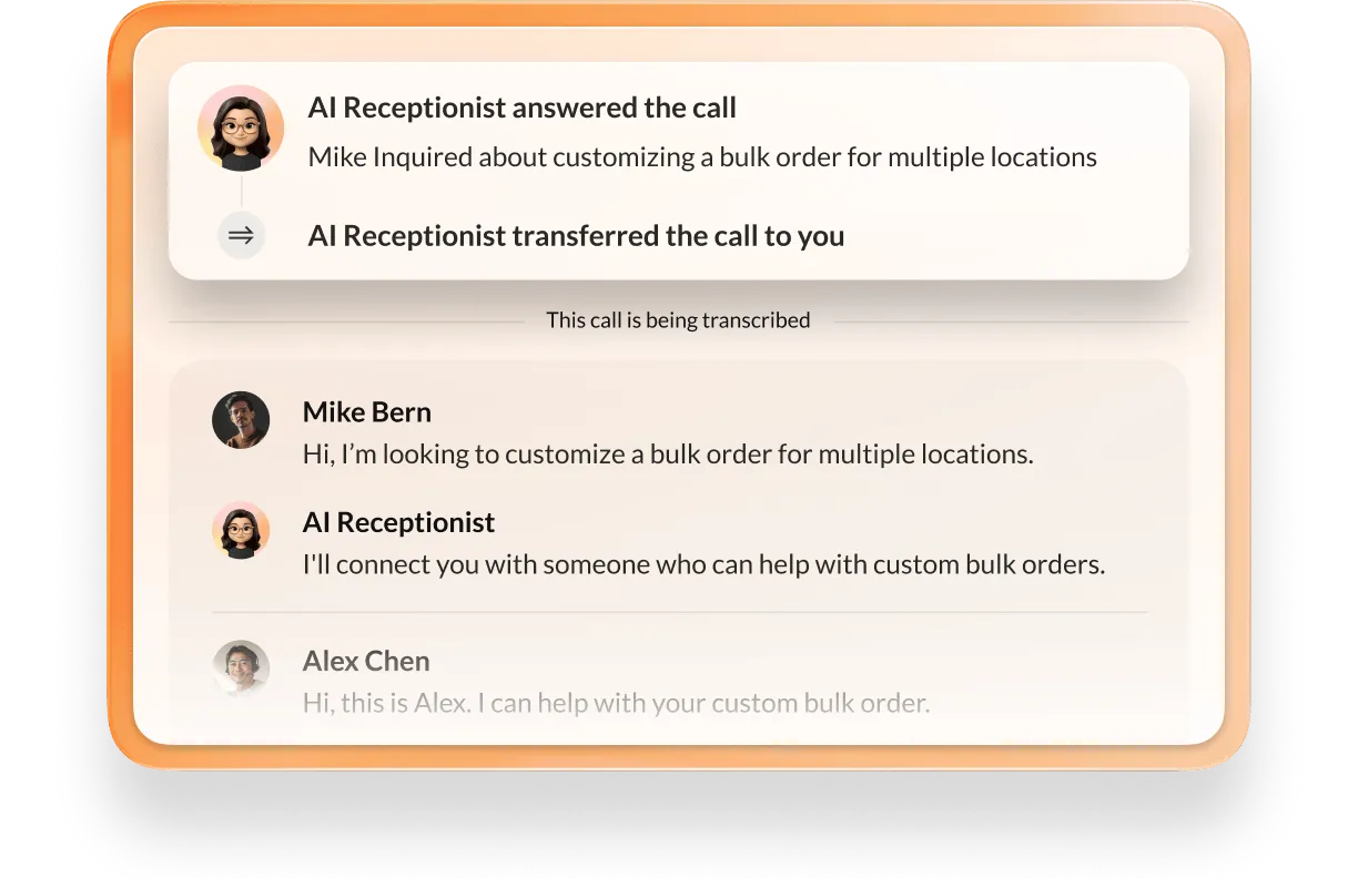 Call transcription interface displaying an AI Receptionist managing an inquiry about customizing a bulk order. The receptionist successfully transfers the call, accompanied by the status message This call is being transcribed.