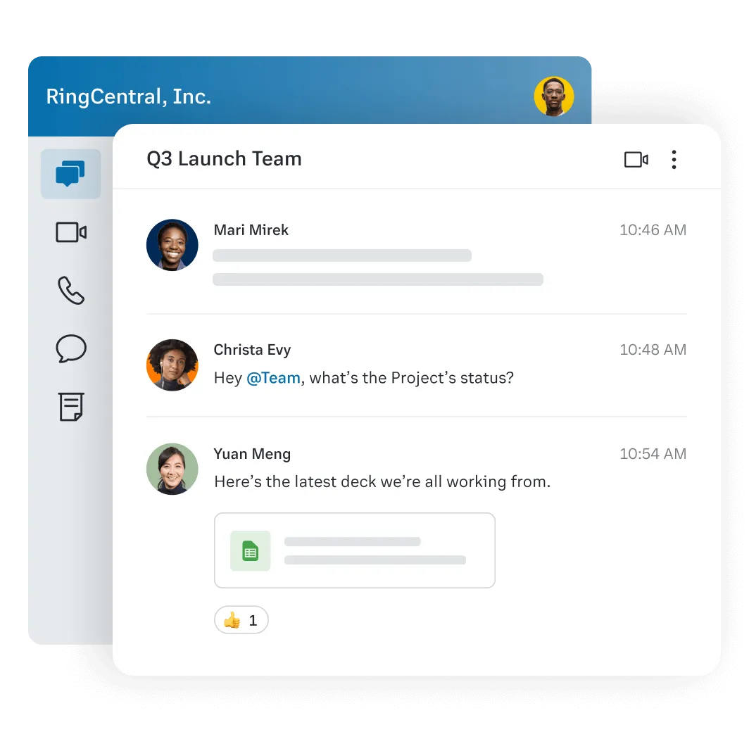 Uma vista das mensagens de equipa na aplicação RingCentral