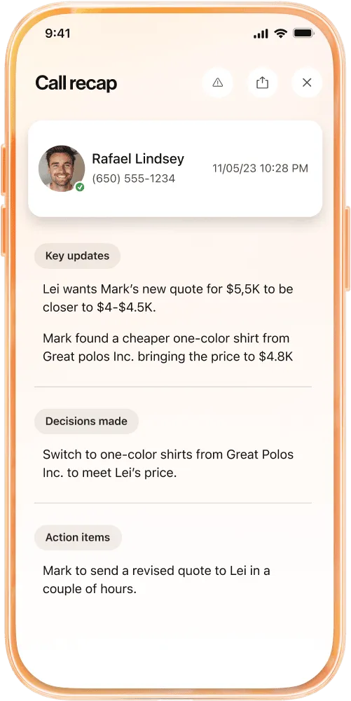 A sample of RingCentral's call recap, featuring key updates, decisions made, and actionable items.