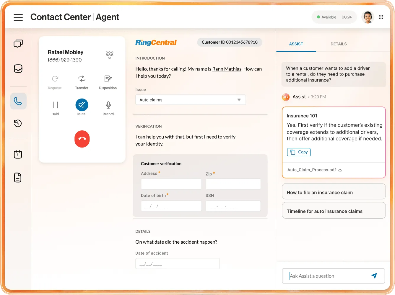 RingCentral Contact Center's agent dashboard