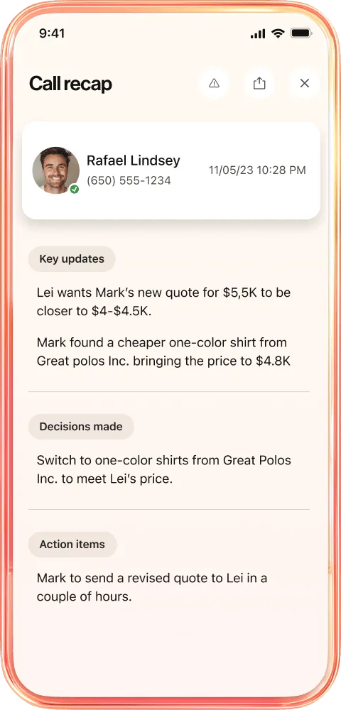 Mobile phone screen showing an AI-generated call recap with sections for key updates, decisions made, and follow-up action items.