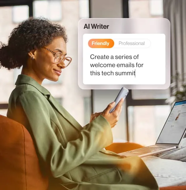 A female remote worker using RingCentral's AI Writer to craft a message with a friendly tone.