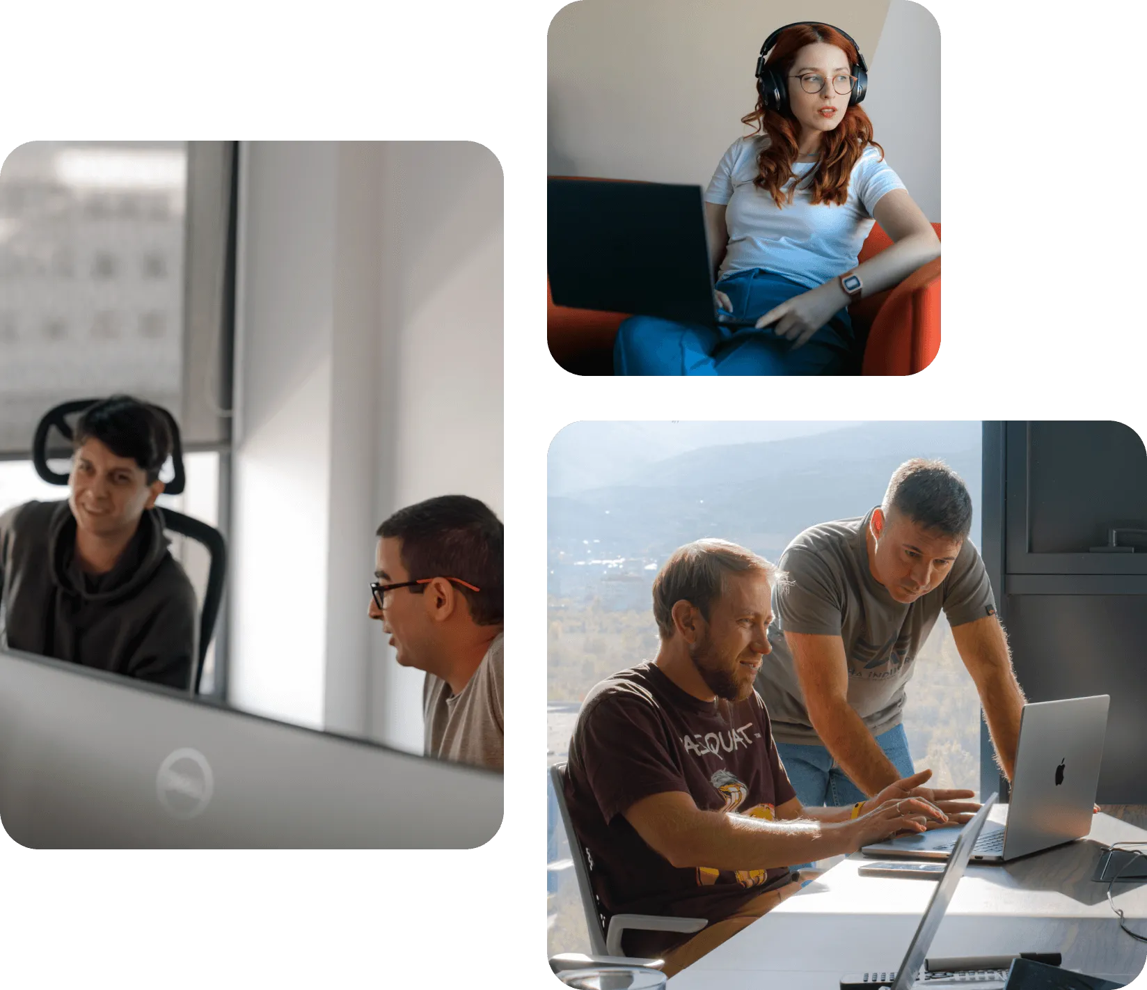 A collage featuring a woman with headphones and a laptop, two collegaues talking and a manager discussing with an employee