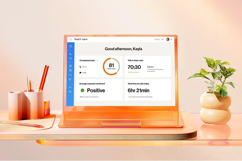 The RingCX Ring Agent interface on an orange laptop