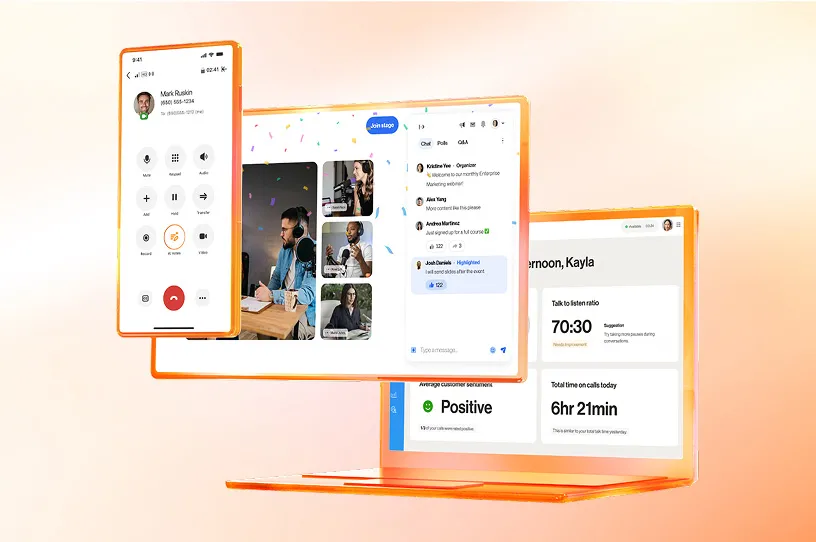 Cascading images featuring A RingCentral call on mobile, a virtual event on a computer monitor, and RingCX on an orange laptop