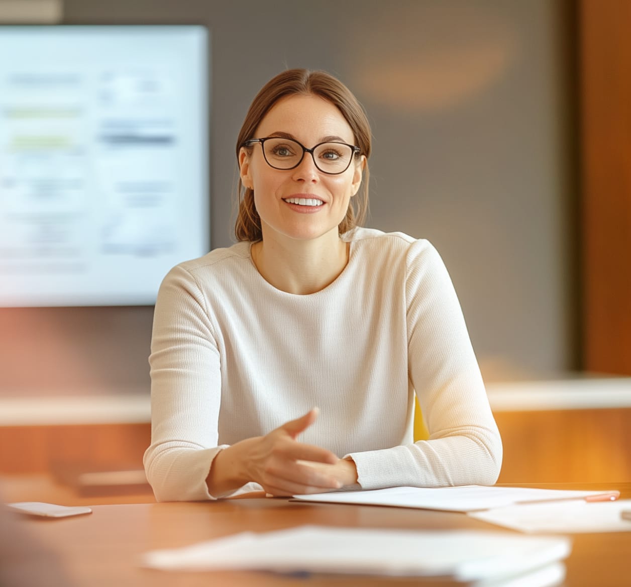 A woman presenting a project update to her team in an office conference room