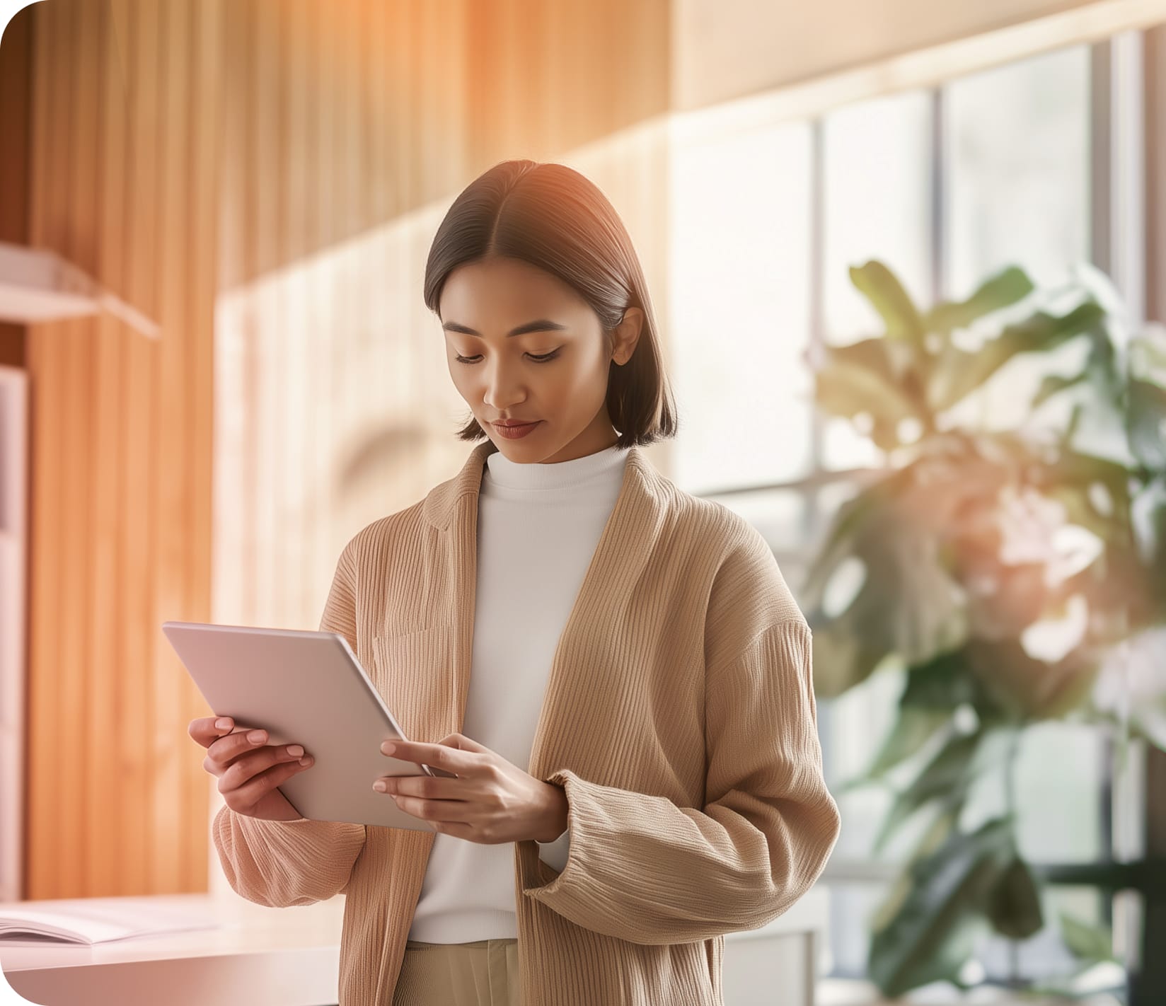 A female consultant reviewing documents on her tablet