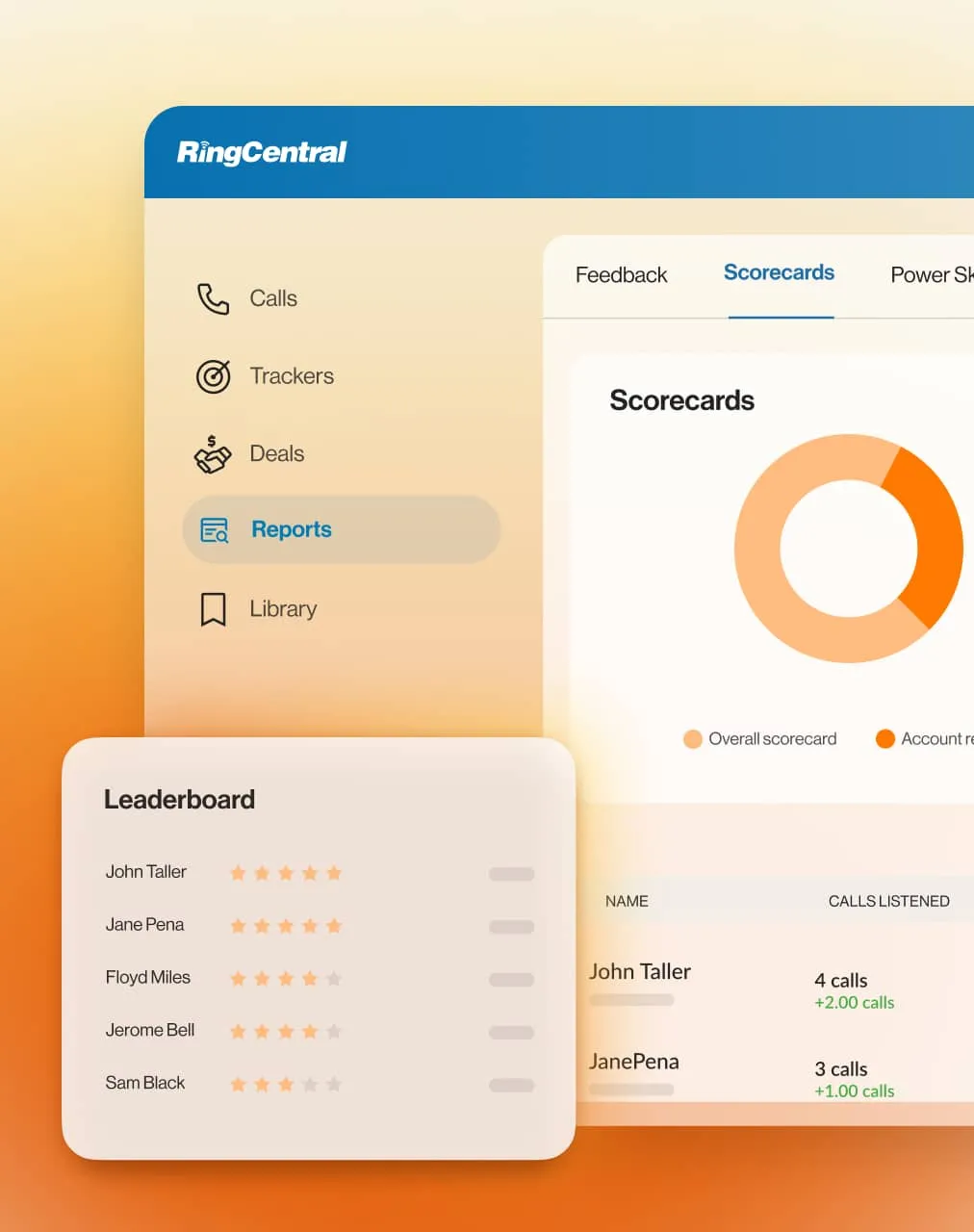 The Scorecards and Leaderboard list reports in the RingCentral app