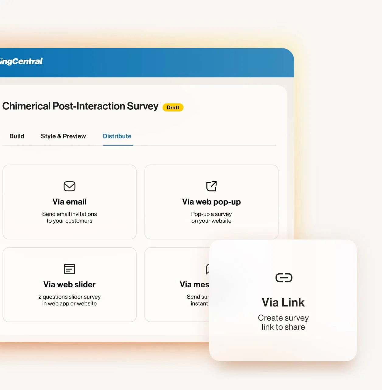 A Chimerical Post-Interaction Survey being shared via link in the RingCentral app