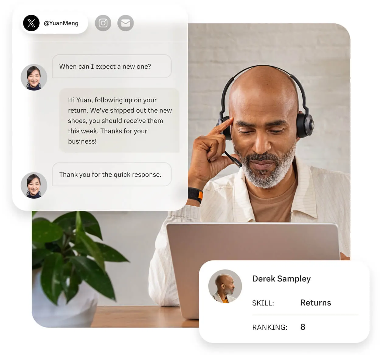 A male agent talking to a female client via the RingCX app on a laptop
