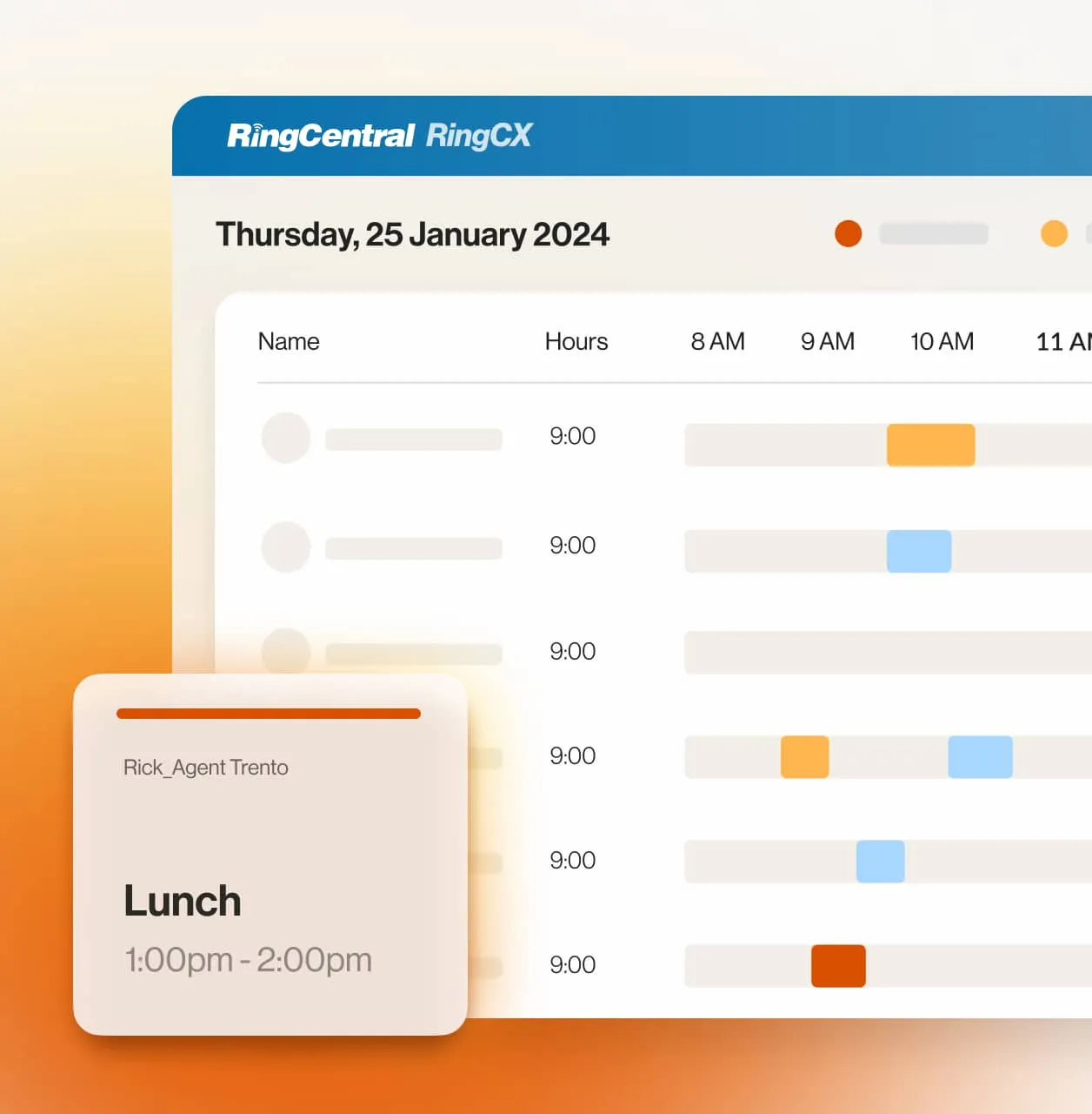 A view of agent schedules in the RingCentral RingCX platform