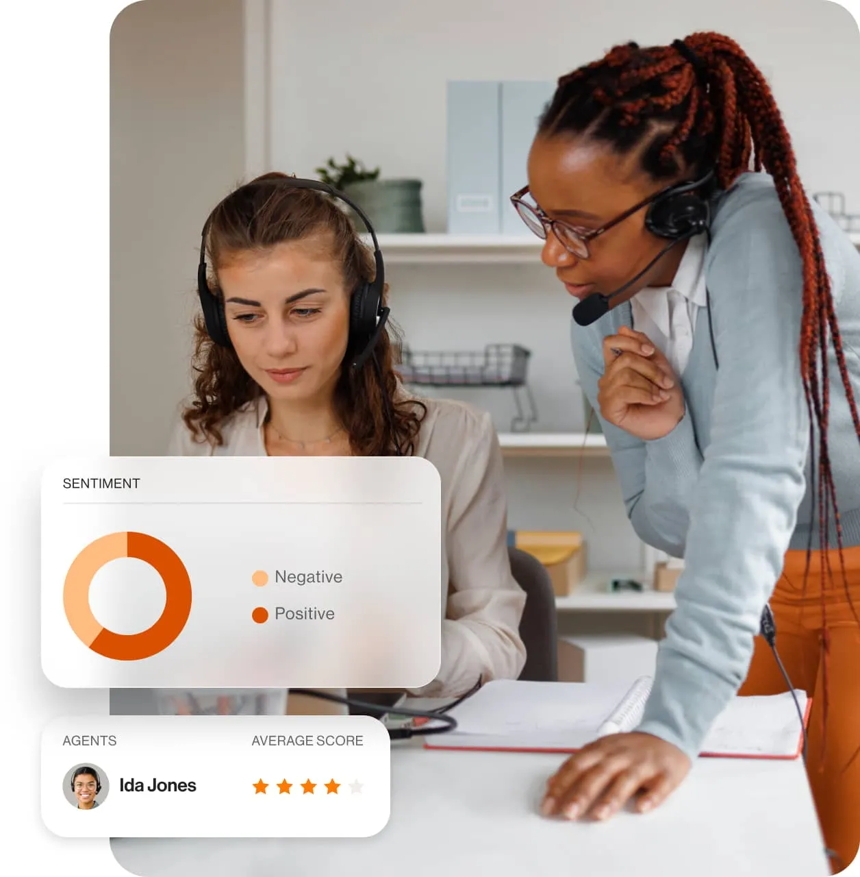 A coaching session between supervisor and agent with a view of the agent's sentiment score