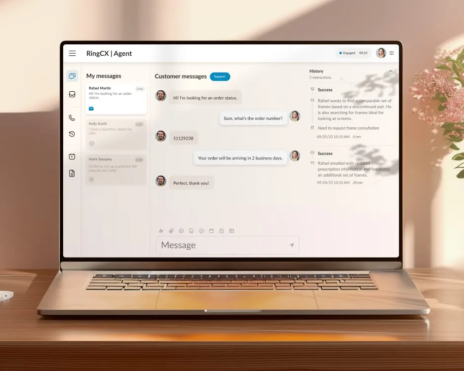 RingCX Agent desktop view illustrating unified communication history for customer support interactions, including chat and historical notes.