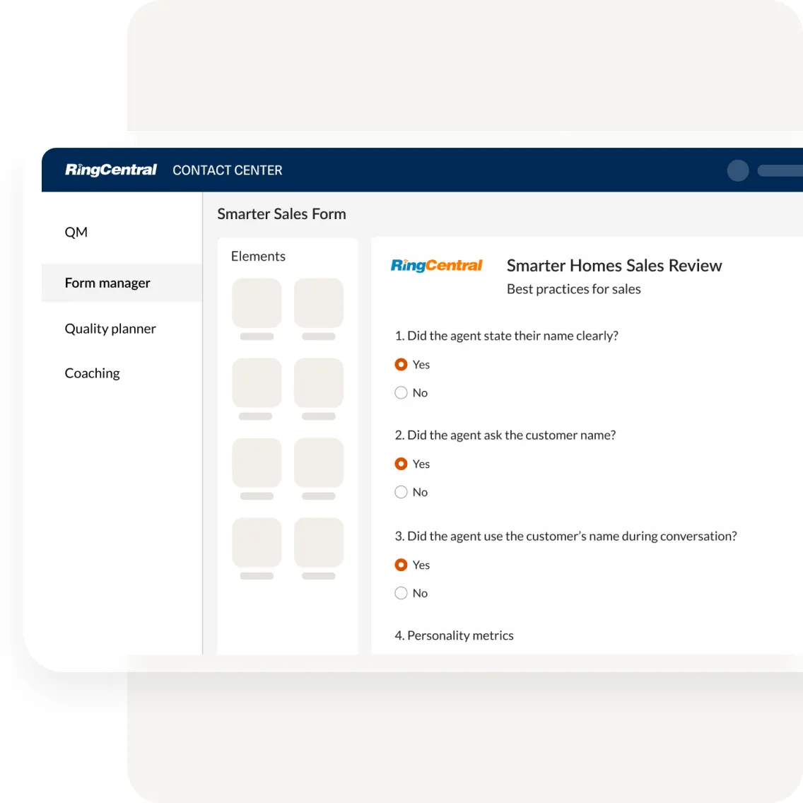 Smarter Home Sales Review form viewed within the Contact Center platform