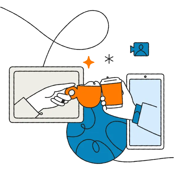 Una ilustración de dos manos saliendo de dispositivos móviles y chocando vasos