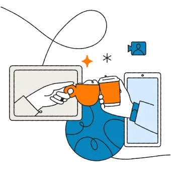 Una ilustración de dos manos saliendo de dispositivos móviles y chocando vasos