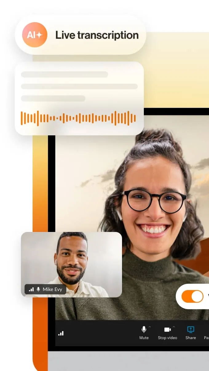 The RingCentral Live Transcription feature in use on a video call