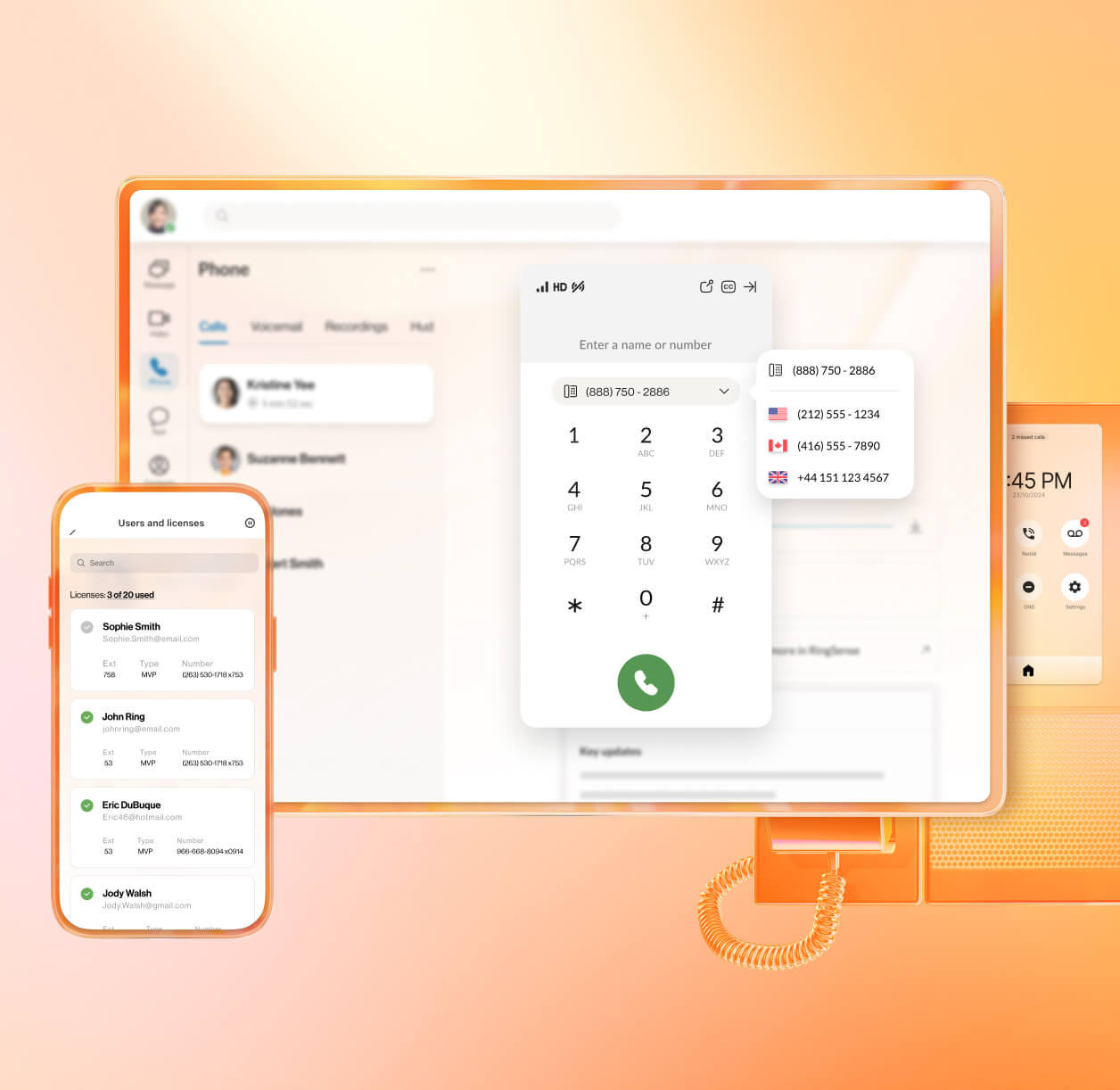 The RingEX mobile and desktop app in front of an orange IP phone