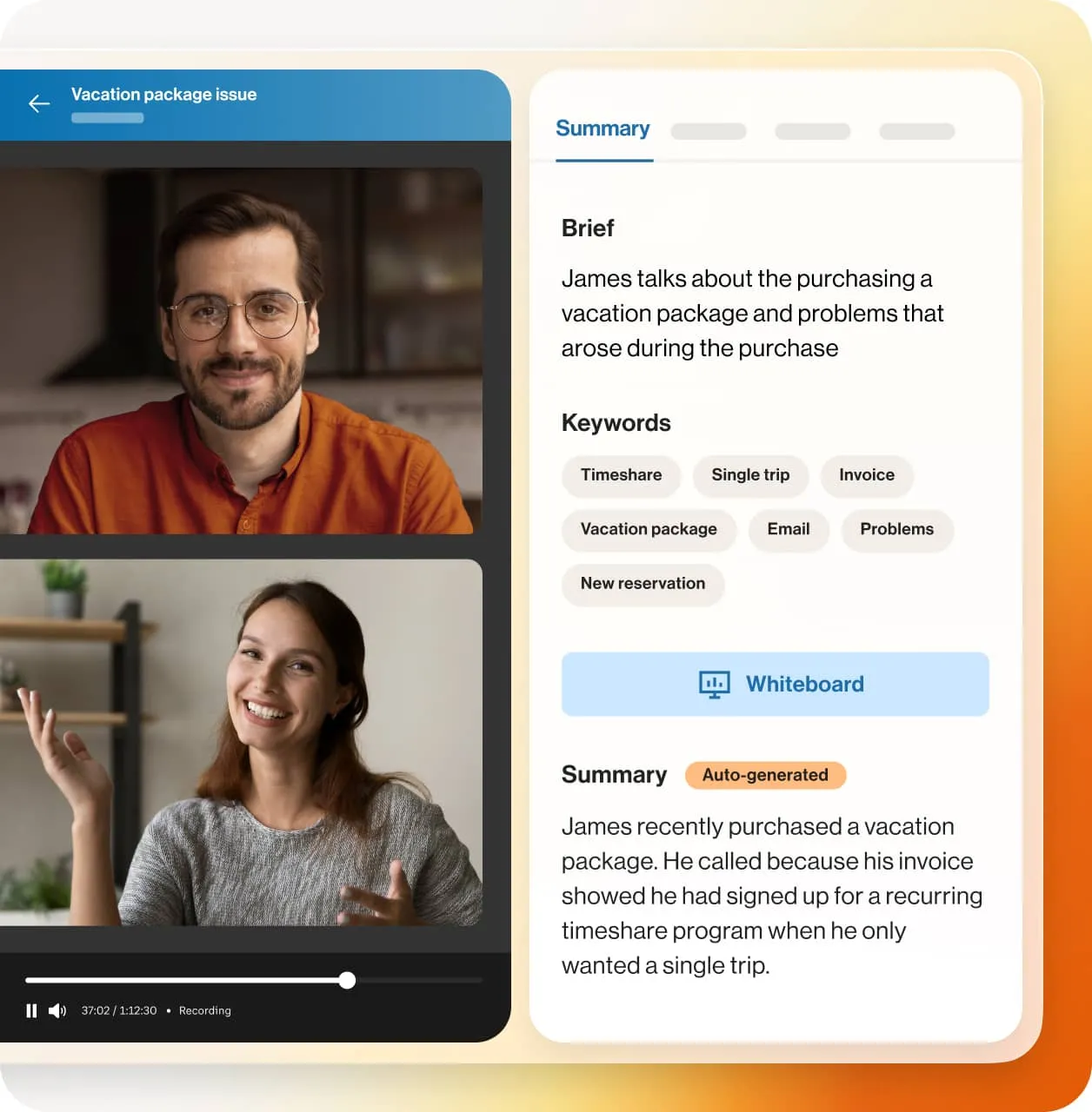 The Summary and Whiteboard features of the RingCentral app displayed on an ongoing video call