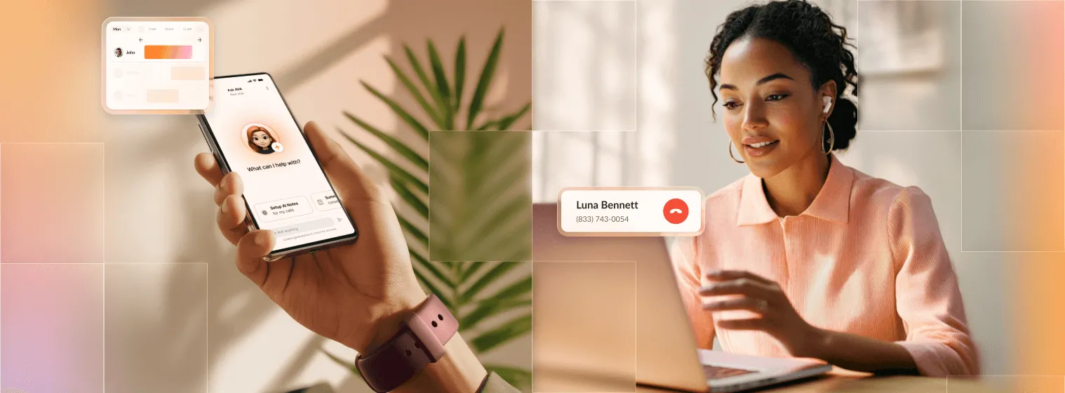 A woman with a headset observes a computer screen displaying sentiment analysis results through the RingSense interface by RingCentral.