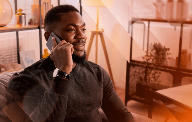 A man talking on his mobile phone with inlay of conversation with virtual ai receptionist about schedule appointment