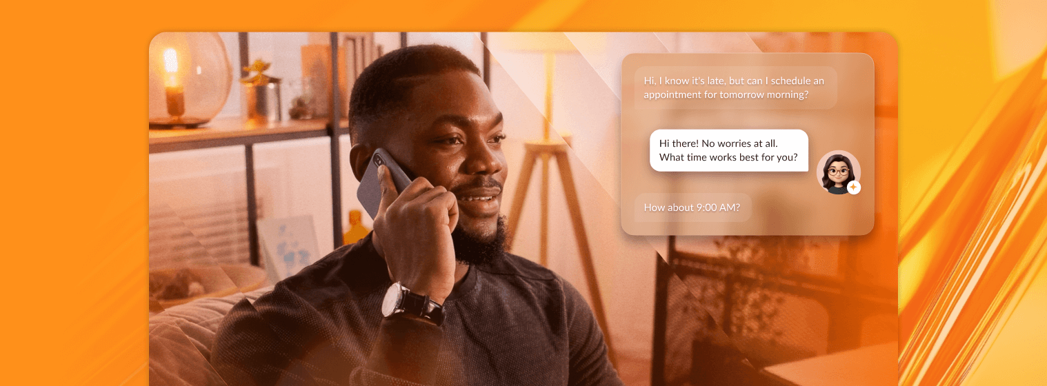 A man talking on his mobile phone with inlay of conversation with virtual ai receptionist about schedule appointment