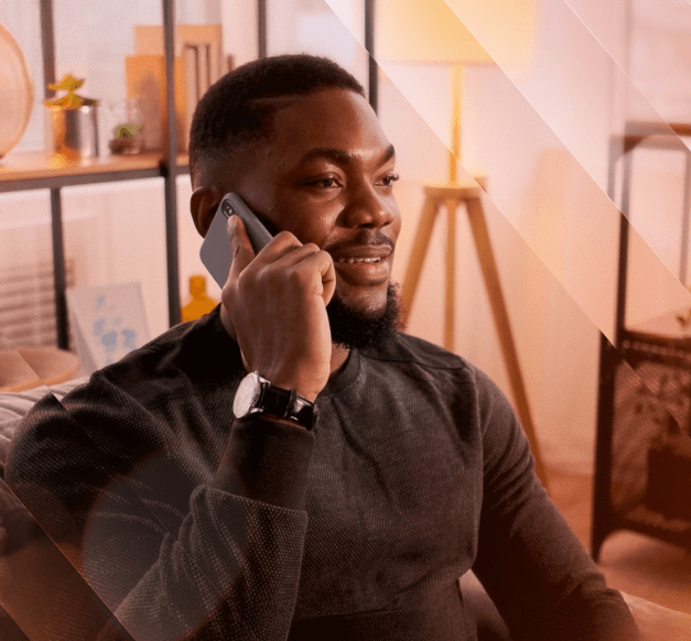 A man talking on his mobile phone with inlay of conversation with virtual ai receptionist about schedule appointment
