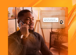 A man talking on his mobile phone with inlay of conversation with virtual ai receptionist about schedule appointment