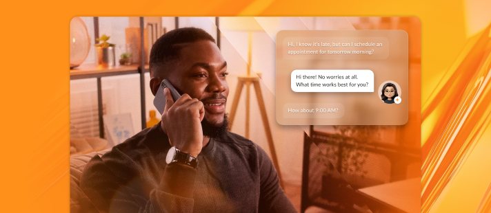 A man talking on his mobile phone with inlay of conversation with virtual ai receptionist about schedule appointment