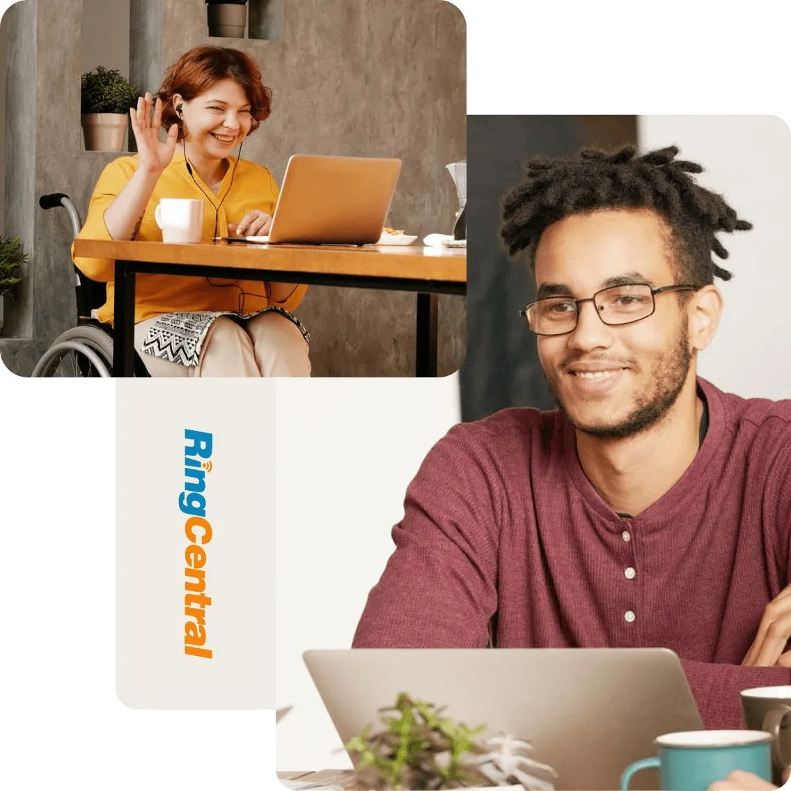 A person with disability employed by RingCentral happily waving to the camera