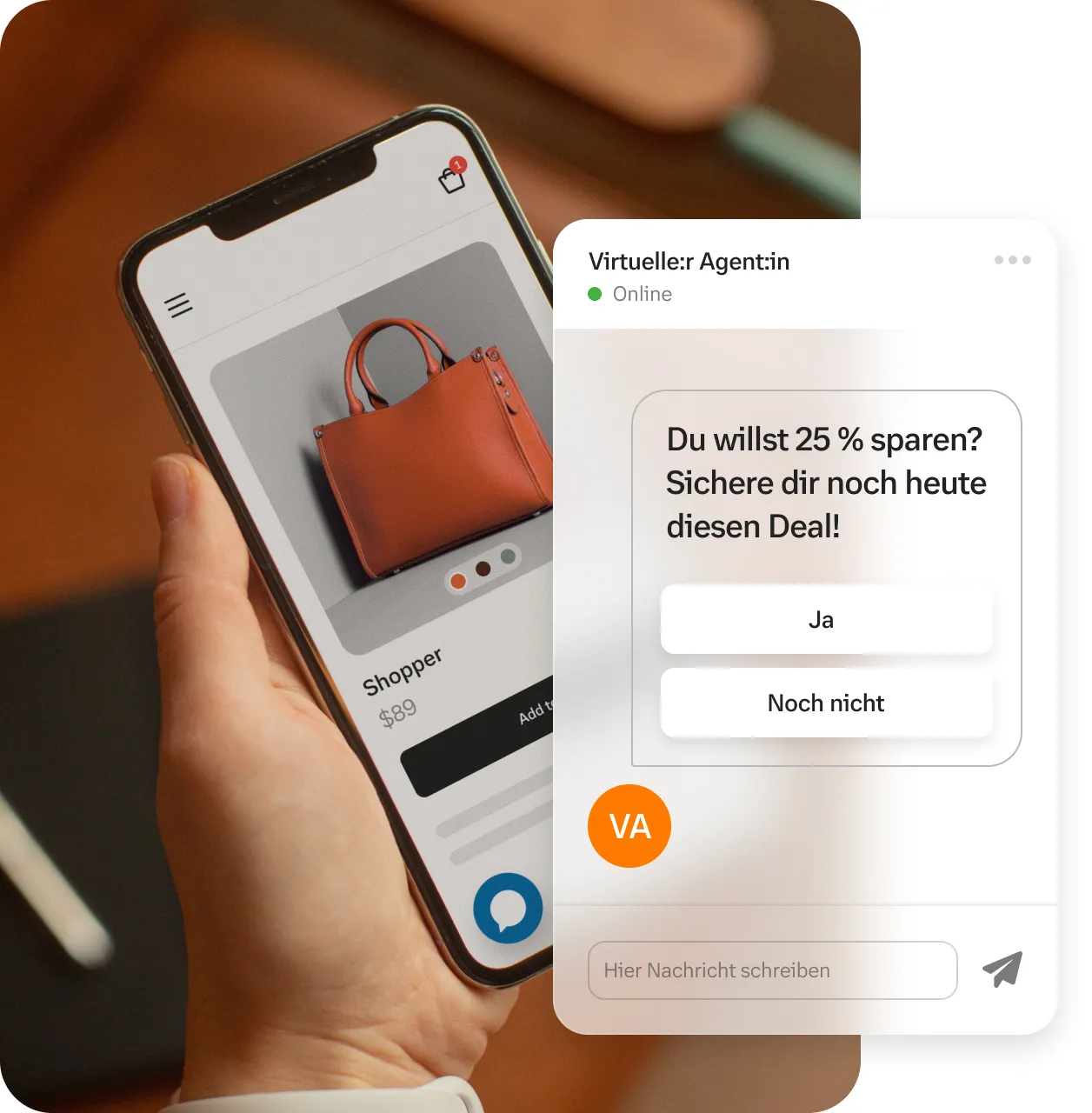 Ein Smartphone, auf dem ein Online-Shop zu sehen ist, sowie die Pop-up-Nachricht eines virtuellen Agenten, die 25 % Rabatt anbietet.