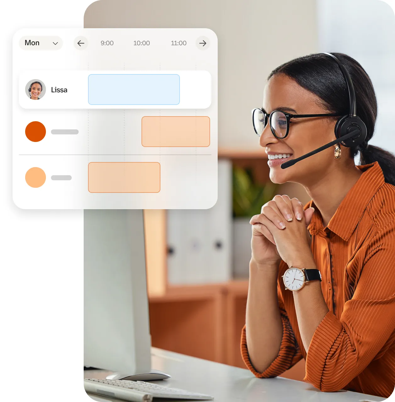 Eine telefonierende Contact-Center-Agentin mit einem Überblick über ihren Tagesplan.