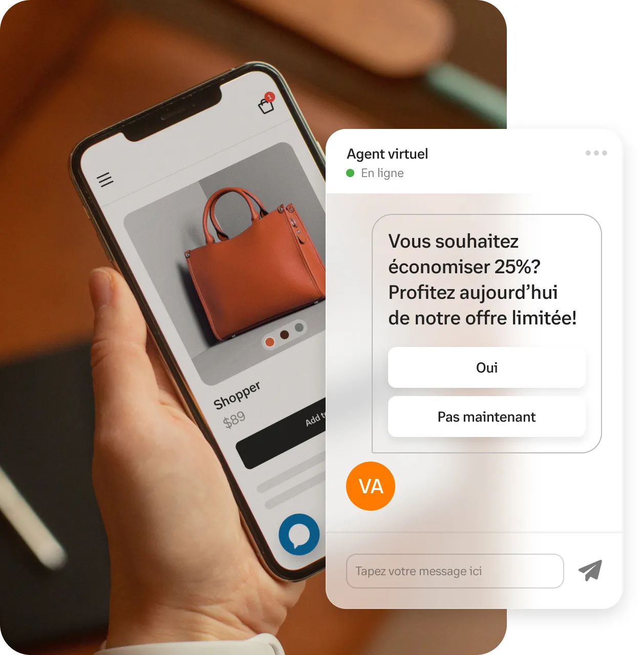 Un téléphone portable montrant une plateforme de e-commerce avec un message contextuel d'agent virtuel offrant une réduction de 25 %