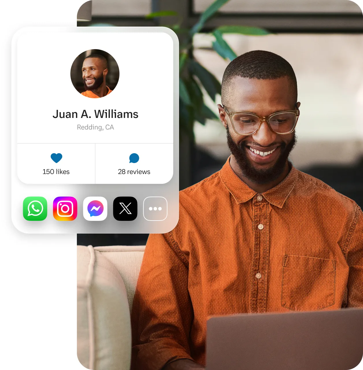 A male contact center agent with his profile overview across different voice and digital channels