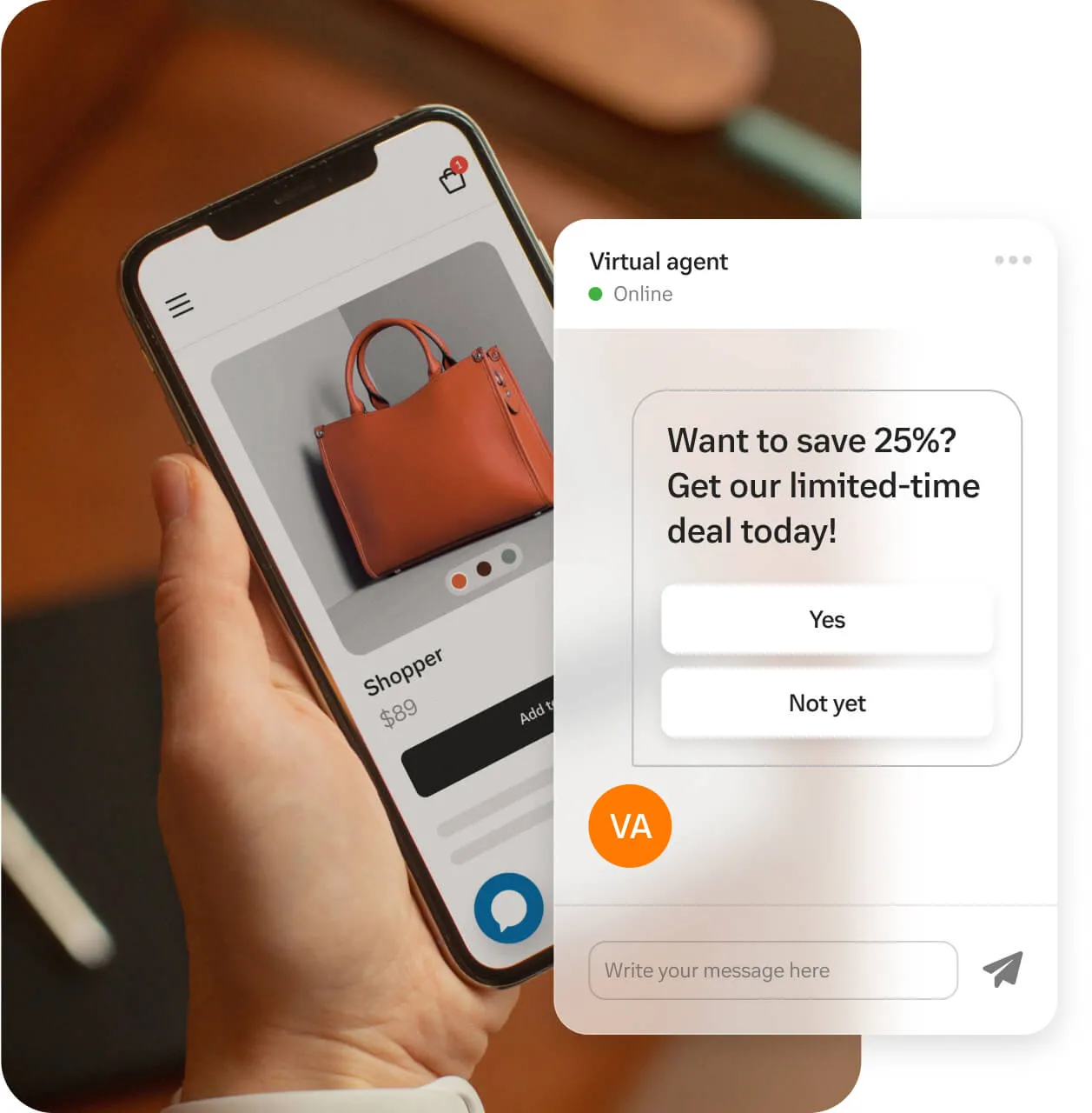 A mobile phone showing an e-commerce platform with a pop-up virtual agent message offering a 25% discount