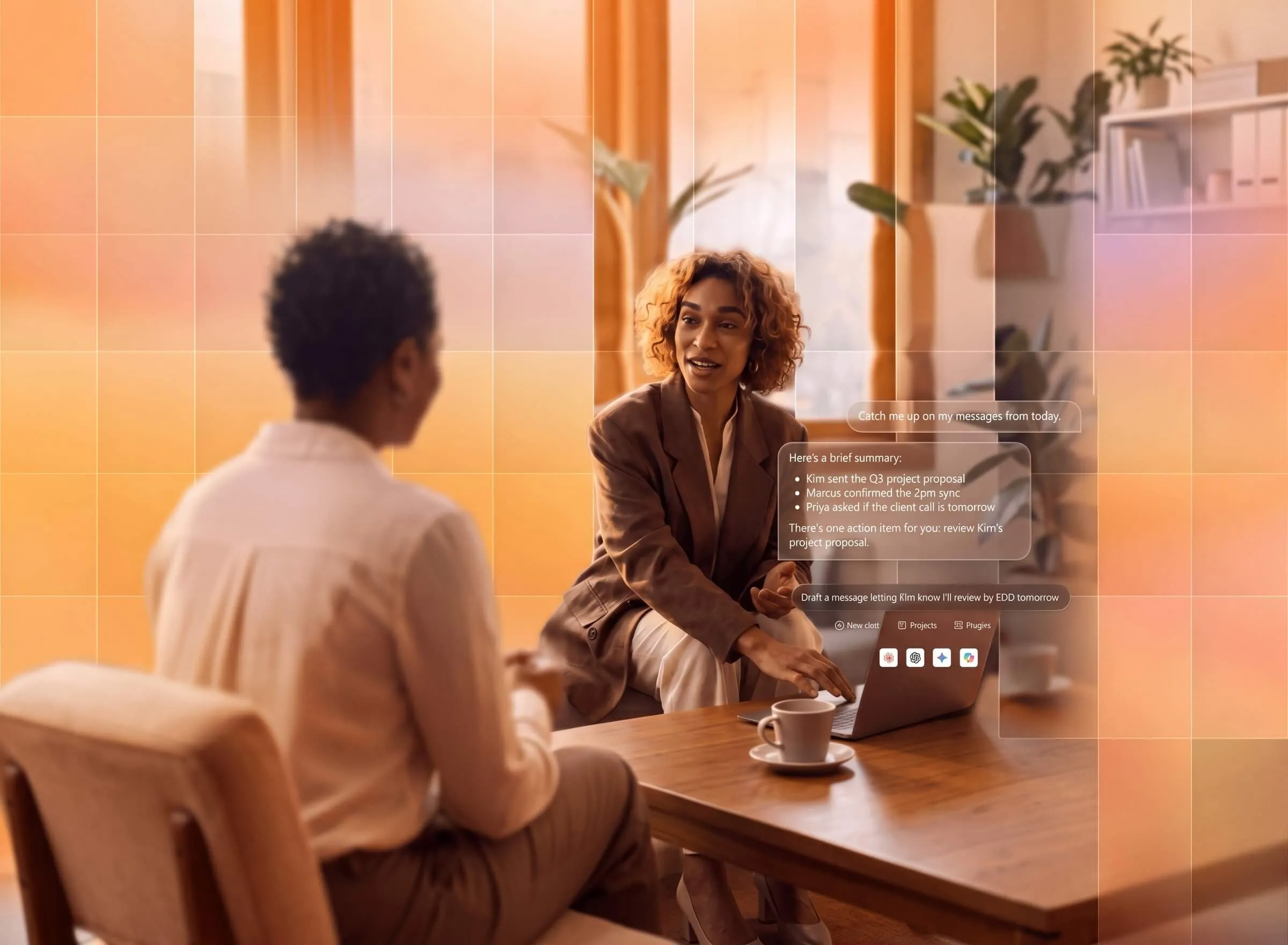 Professionals discussing call summaries on a laptop, utilizing RingCentral's communication tools in a collaborative setting.