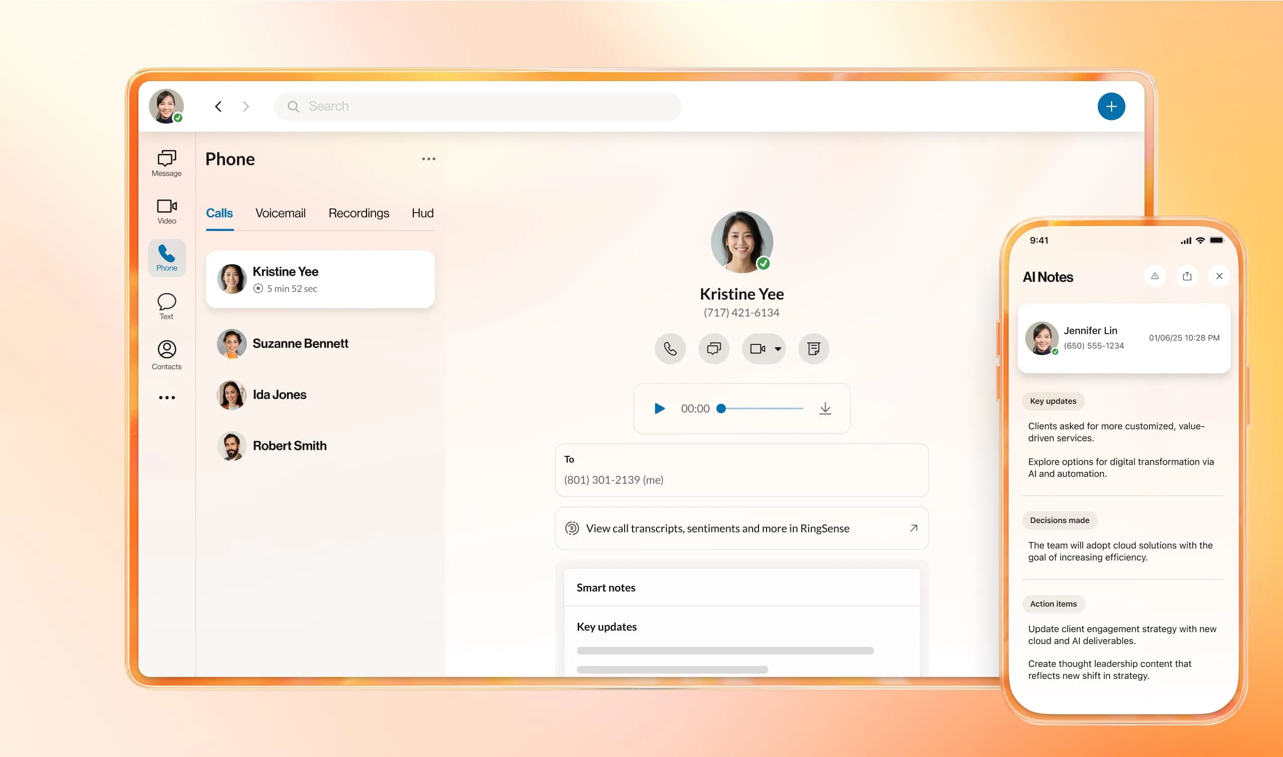 RingCentral AI notes after a call between an agent and her client
