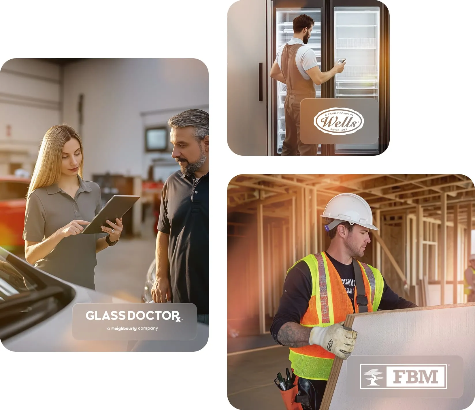 "Glass Doctor case study: Two people stand next to a car, discussing repair plans. Wells case study: A plant worker stands next to industrial freezers. FBM case study: A construction worker is moving building materials."
