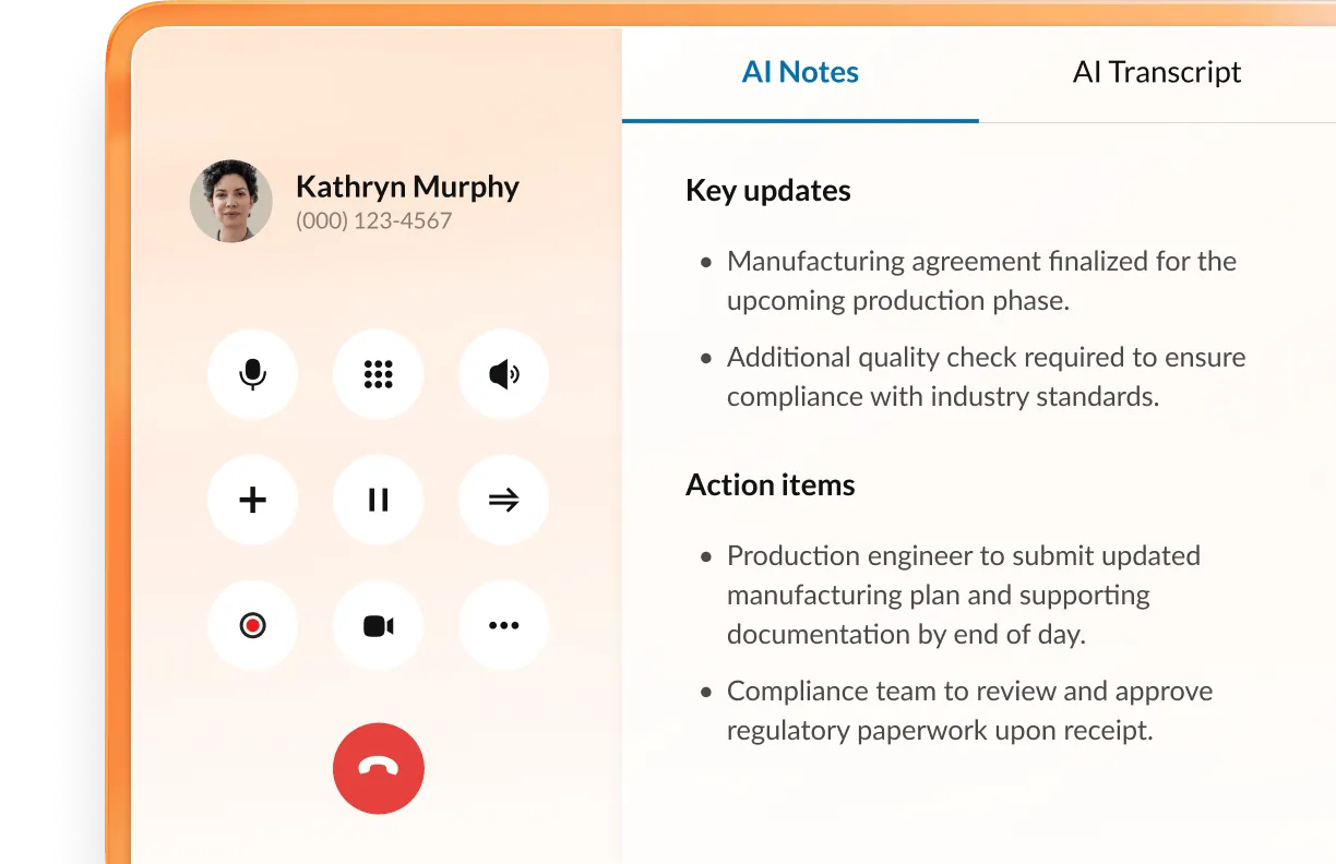 RingCentral AI Notes capturing key points from a meeting about manufacturing plans.