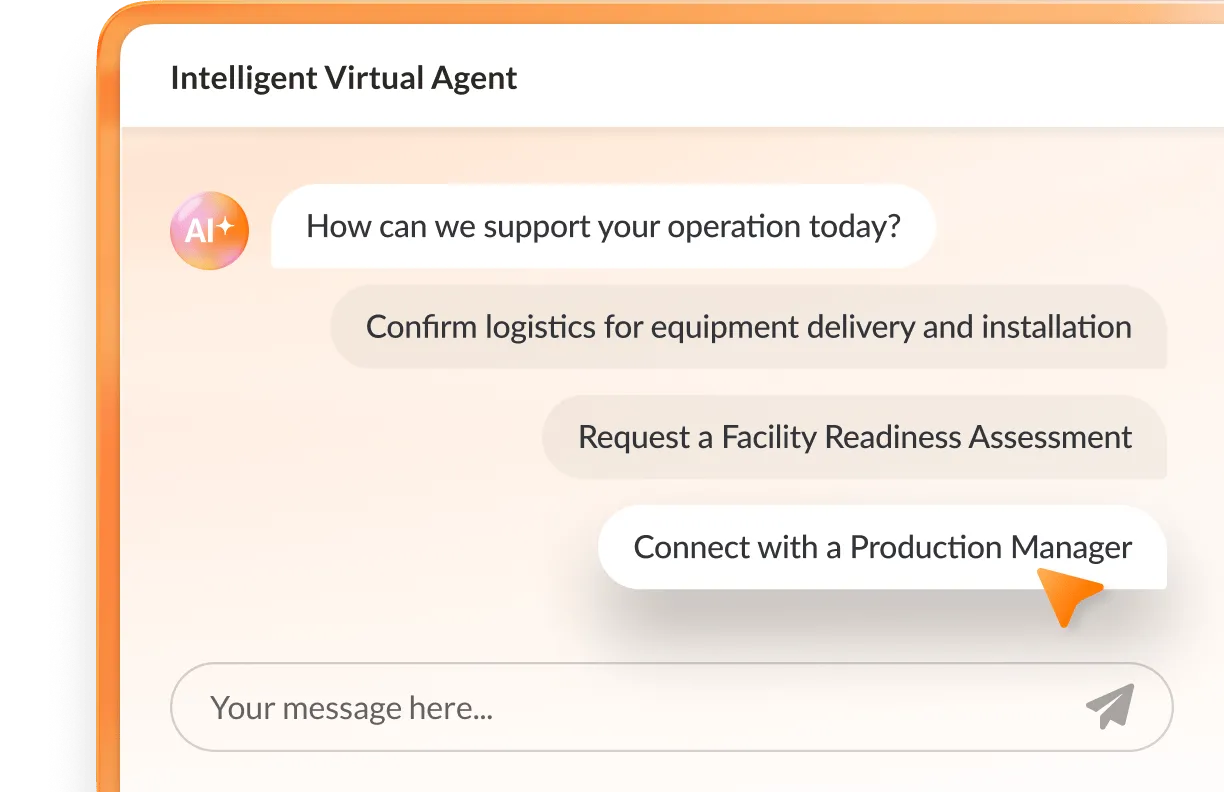 RingCX intelligent virtual agent (IVA) showing production operations prompts.