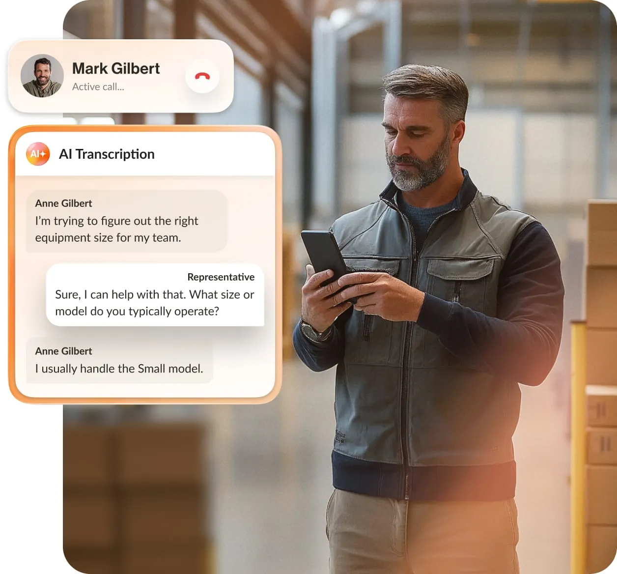 Warehouse manager is using his phone to communicate with a customer with an inset showing AI transcription