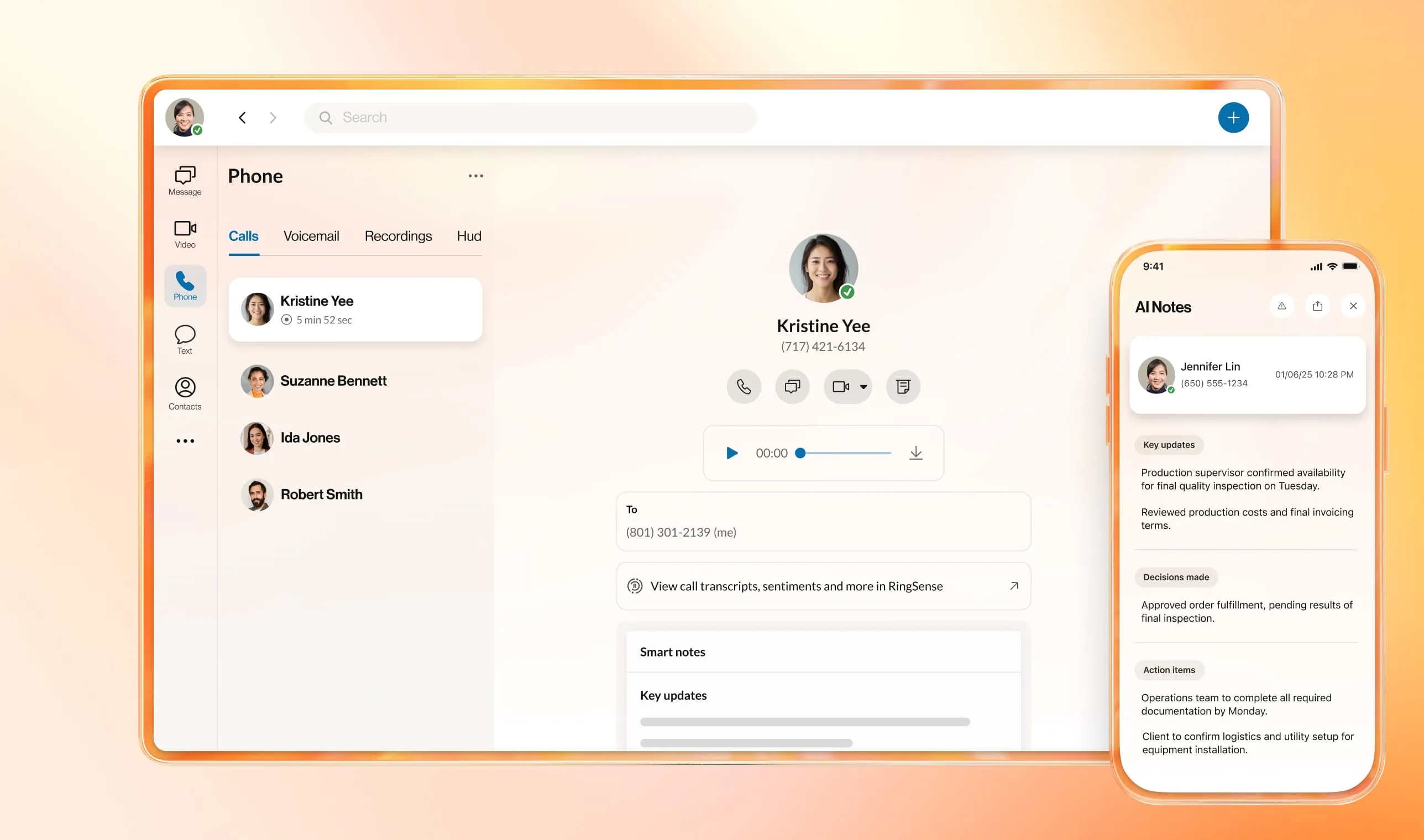 AI Notes feature in the RingCentral app capturing key points from a video meeting.