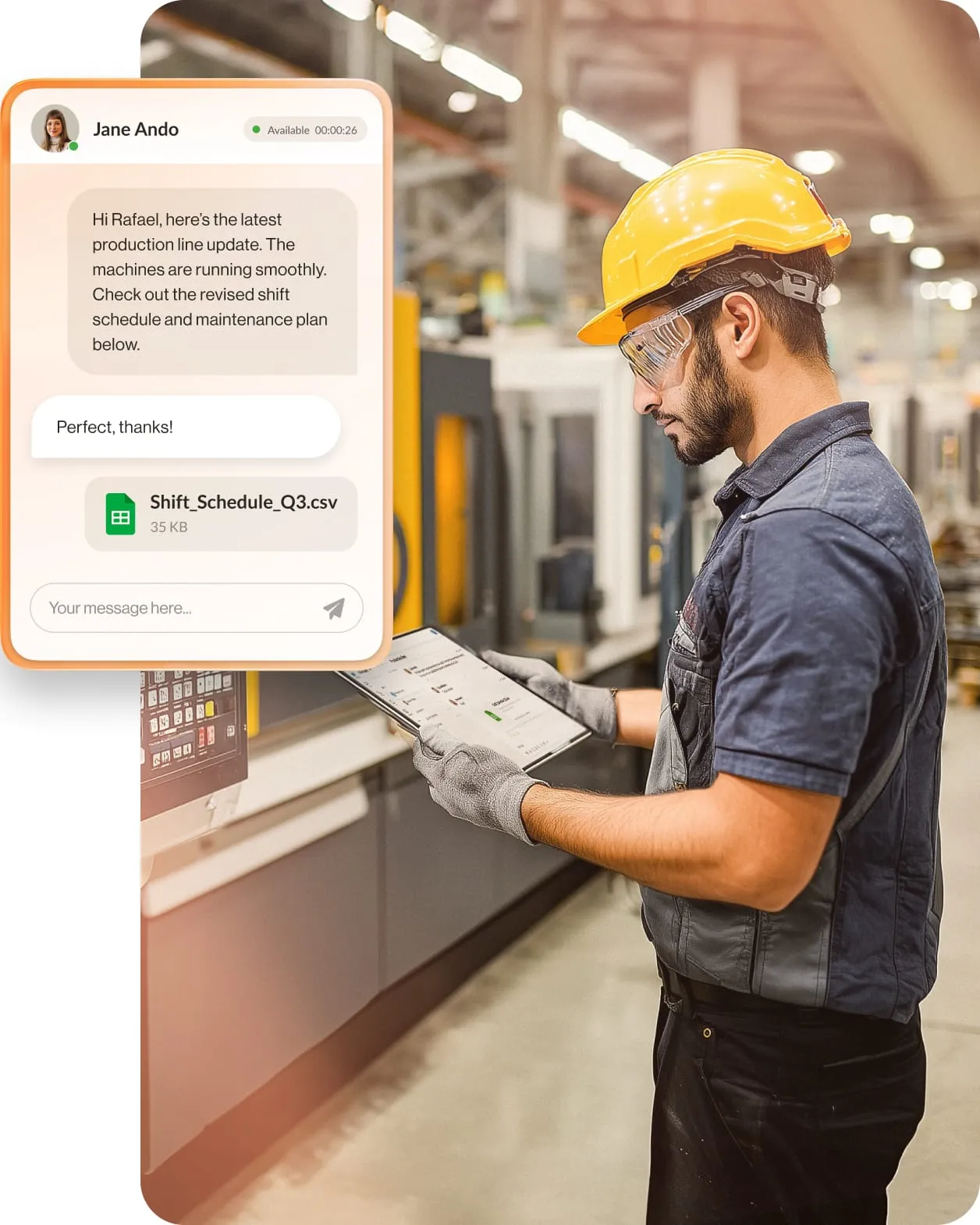 Manufacturing plant worker is monitoring the production line on a tablet device with an inset of a message exchange.