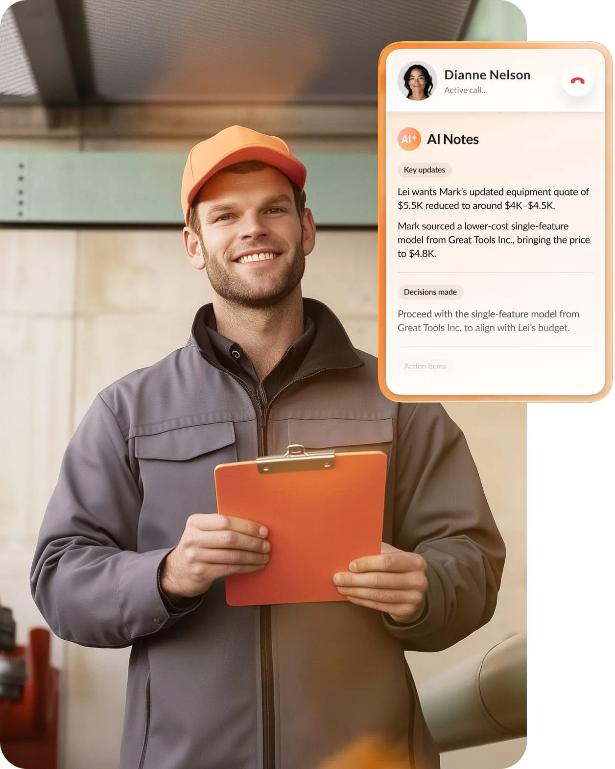 Manufacturing plant manager holds a clipboard with an inset showcasing the AI Notes feature.