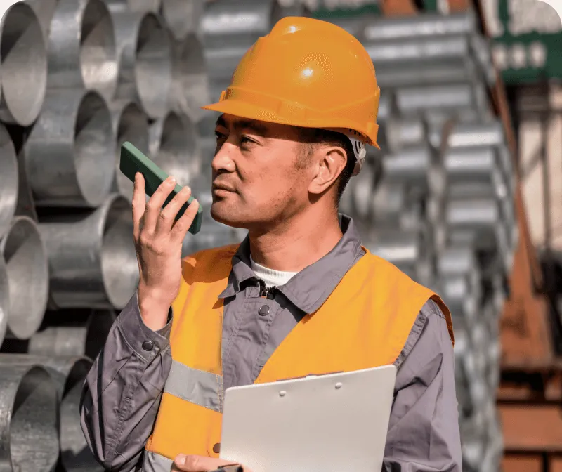 A frontline worker talking with a speaker phone