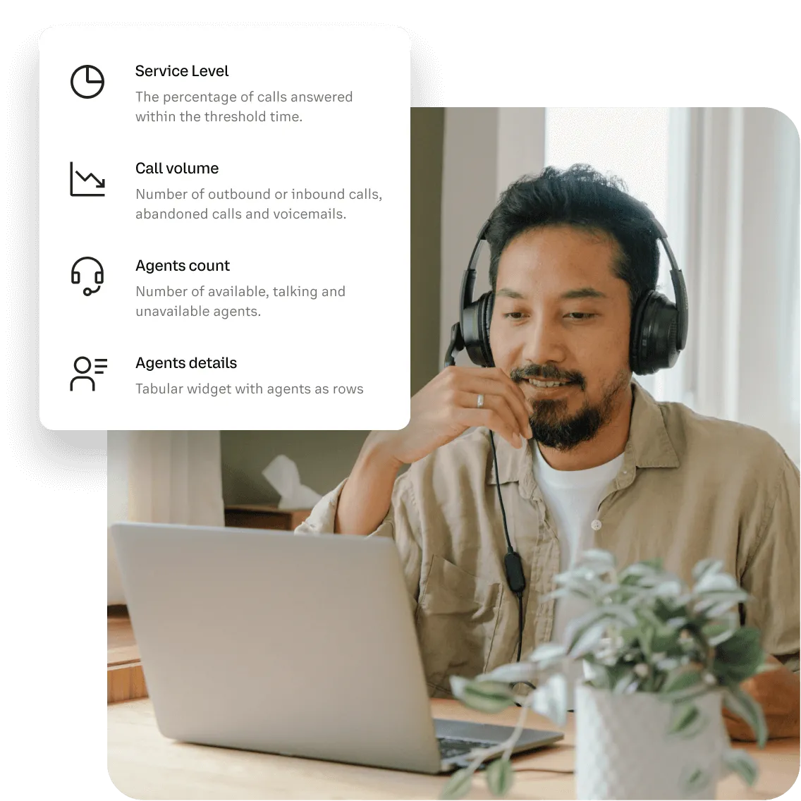 A man looking at his laptop with a list of RingCentral Live Reports' key metrics