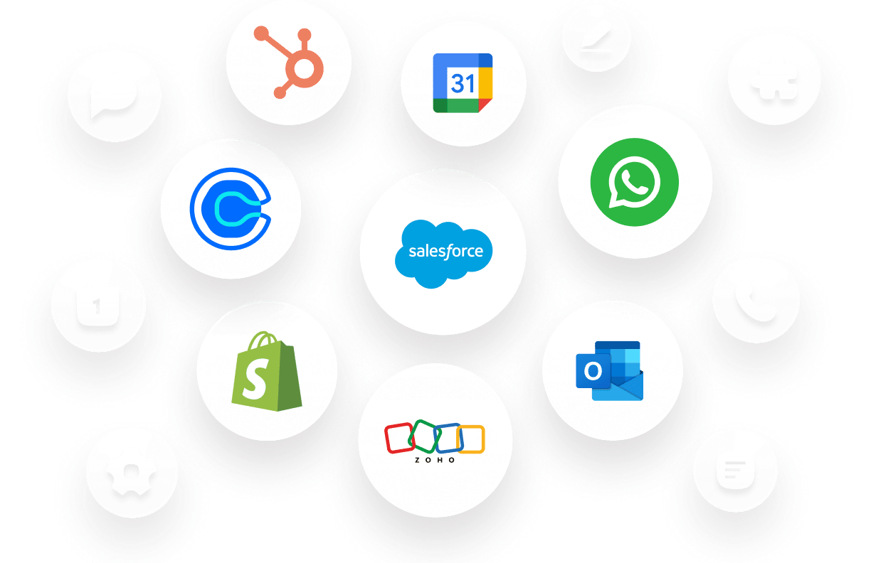 Icons of various apps like Salesforce, HubSpot, WhatsApp, Shopify, and Zoom, indicating integration with RingCentral.